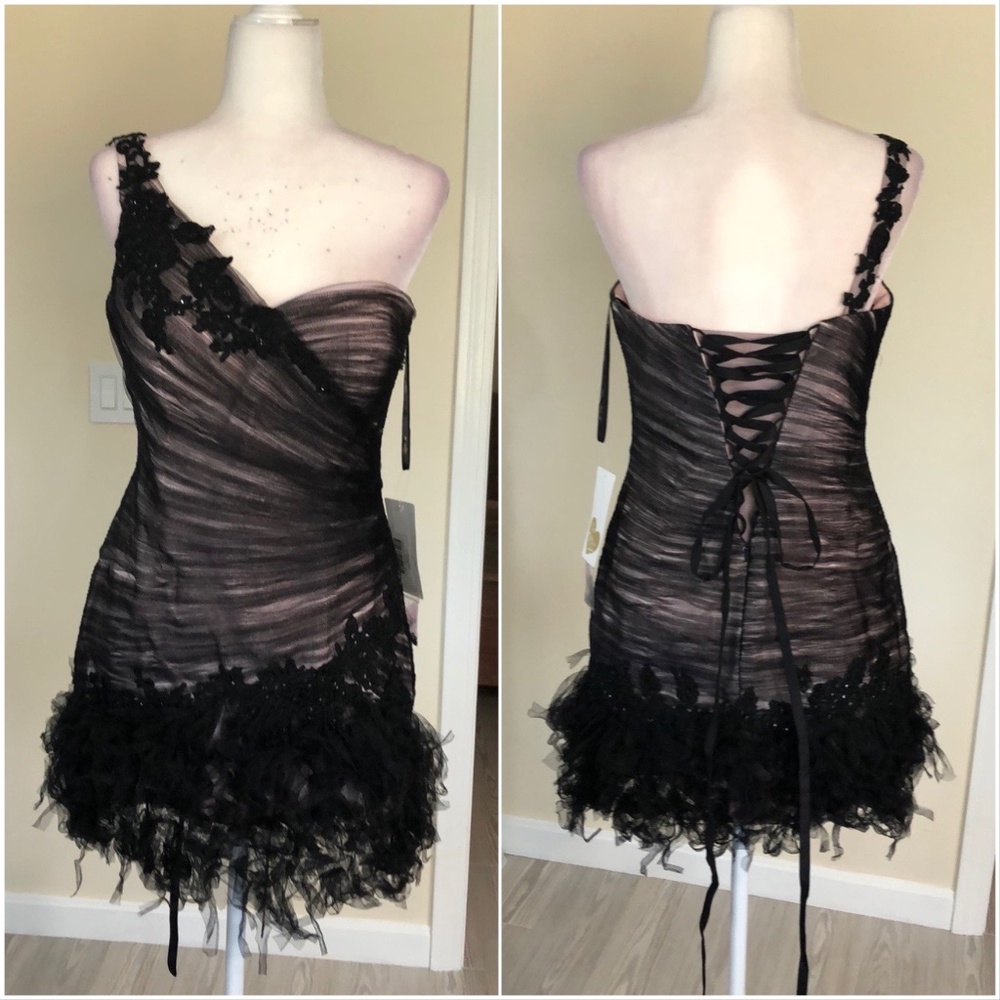 Black ruched netting over pink satin